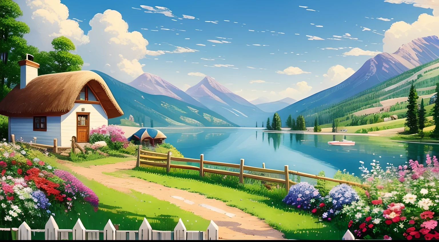 pintura de uma casa de campo, flores ao lado da cerca, cerca ao longo da estrada,  paisagem montanhosa com um lago e um barco, Pássaros voando no céu azul, ilustração pintura fosca,  inspirado em Thomas Kinkade, pintura fosca simétrica, cenário detalhado , estilo cru, 8k ultra detalhado