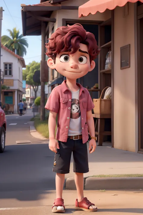 Obra-prima, de melhor qualidade, A boy with sullen countenance on a street boulevard with many cafes around with wavy and short pink hair, but with a large fringe on the left side of the head, os olhos na cor roxo claro, que esteja vestindo short jeans, bl...