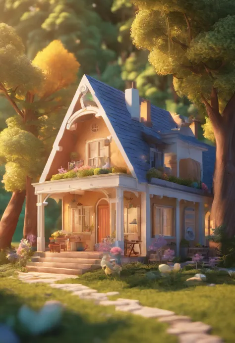 Uma casa situada no meio da floresta, Around the house is a very small wheat away. The cartoon-style house has a whimsical and playful look with over-the-top features, cores vibrantes, and simplified curvilinear shape. Forest trees surround the farm, Its t...