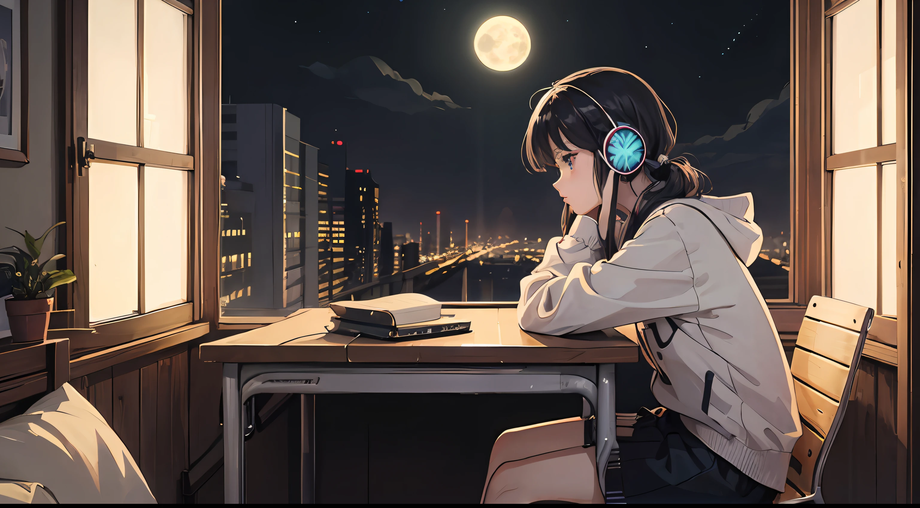 Anime girl listening to music while sitting at a desk in a room - SeaArt AI