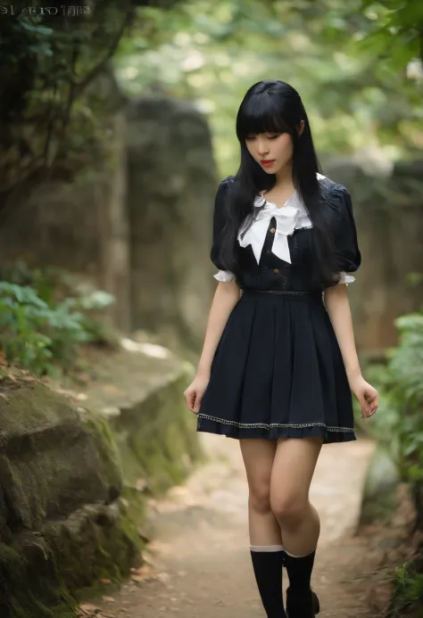 cute Taiwanese girl in her mid 20s with long black hair and bangs, full body, Lolita style fashion, bending in short skirt showing butt, amateur quality photography