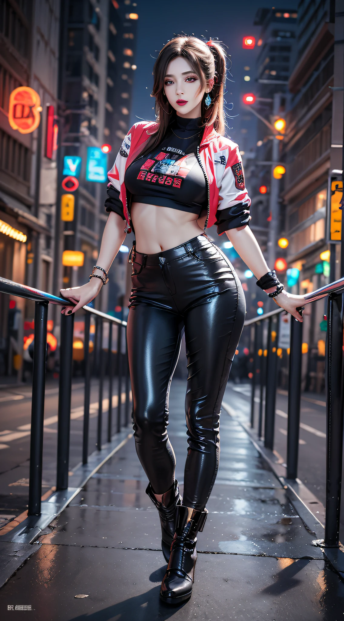 Photorealistic, high resolution, 1womanl, Mature female, Solo, Blue eyes, Hips up, ((Makeup)),Red lips, Jacket, T-shirt, Pants, Boots, Cyberpunk Style, Night City, Neon lights