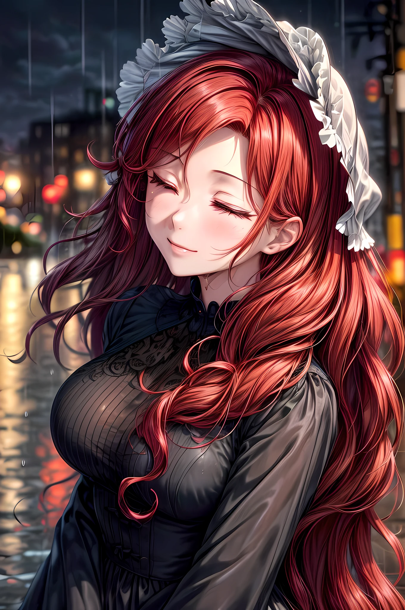 a close up picture of a woman's face looking towards the sky, as she looks up the rain drops fall on her face, a very beautiful woman, long hair, red hair, wavy hair, wet hair, closed eyes, she wears an elegant, intricate dress, there is a sense of joy on her face, an urban street at night. cloudy night,