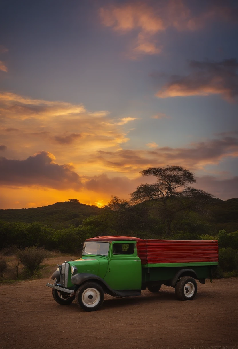 Araf truck with a red and green bed parked on a dirt road - SeaArt AI