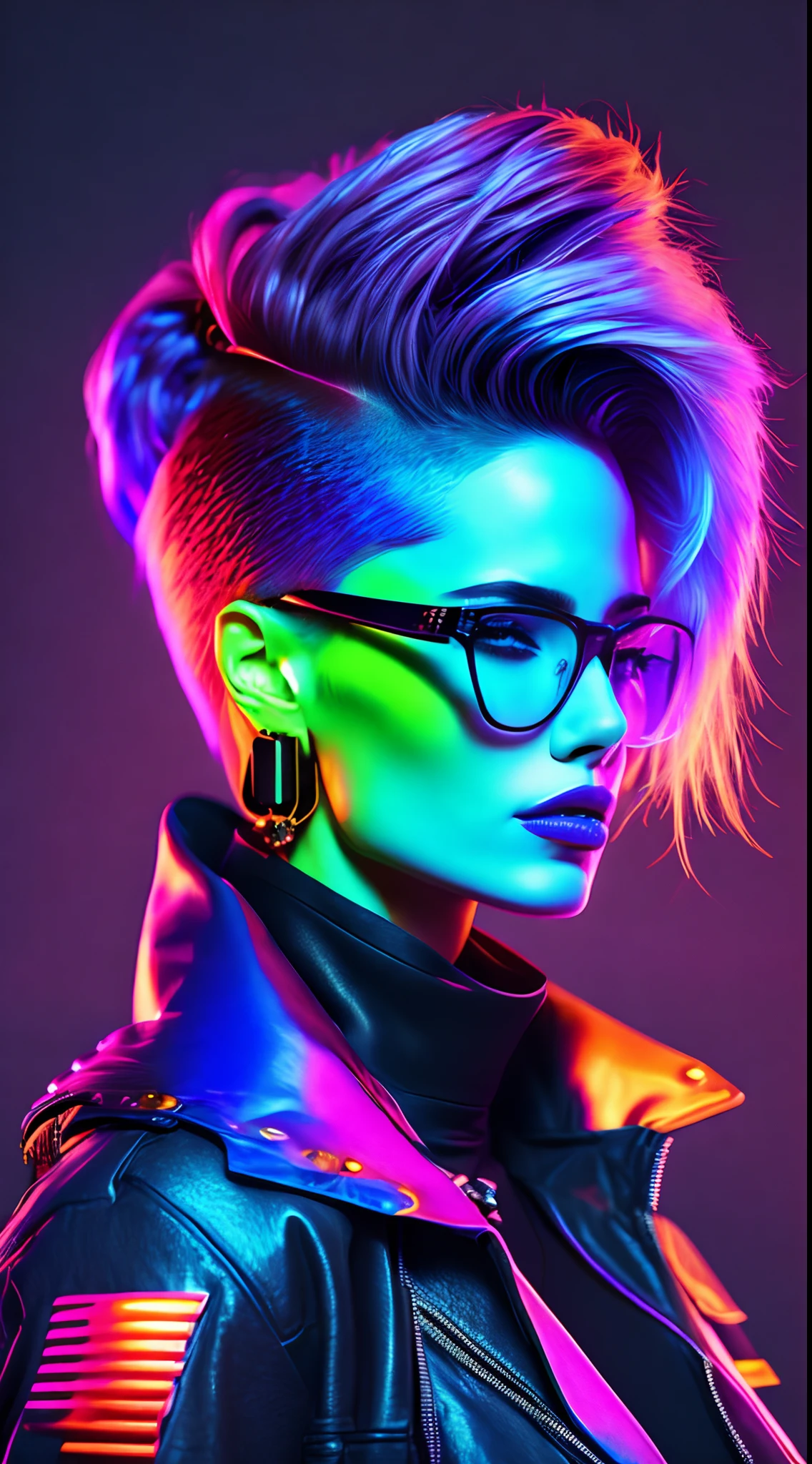 Seed 321 An ALBANIA woman with a short mohawk ,glasses and earrings, high texture,Punk rock and latex leather jacket, portrait color glamour, detailed portrait, high-quality portrait, neon color bleed, color studio portrait, ultraviolet and neon colors, illustration , vibrant colors hyper realism, vibrant neon colors, pop and vibrant colors, Fashion Yes.be, cor neon, cyberpunk style color, iridescent illustration