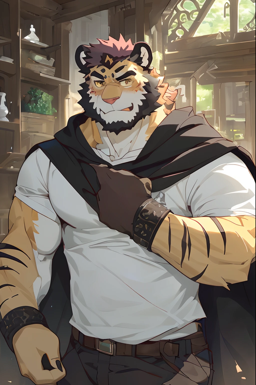 A man in a white shirt and black pants holding a tiger - SeaArt AI