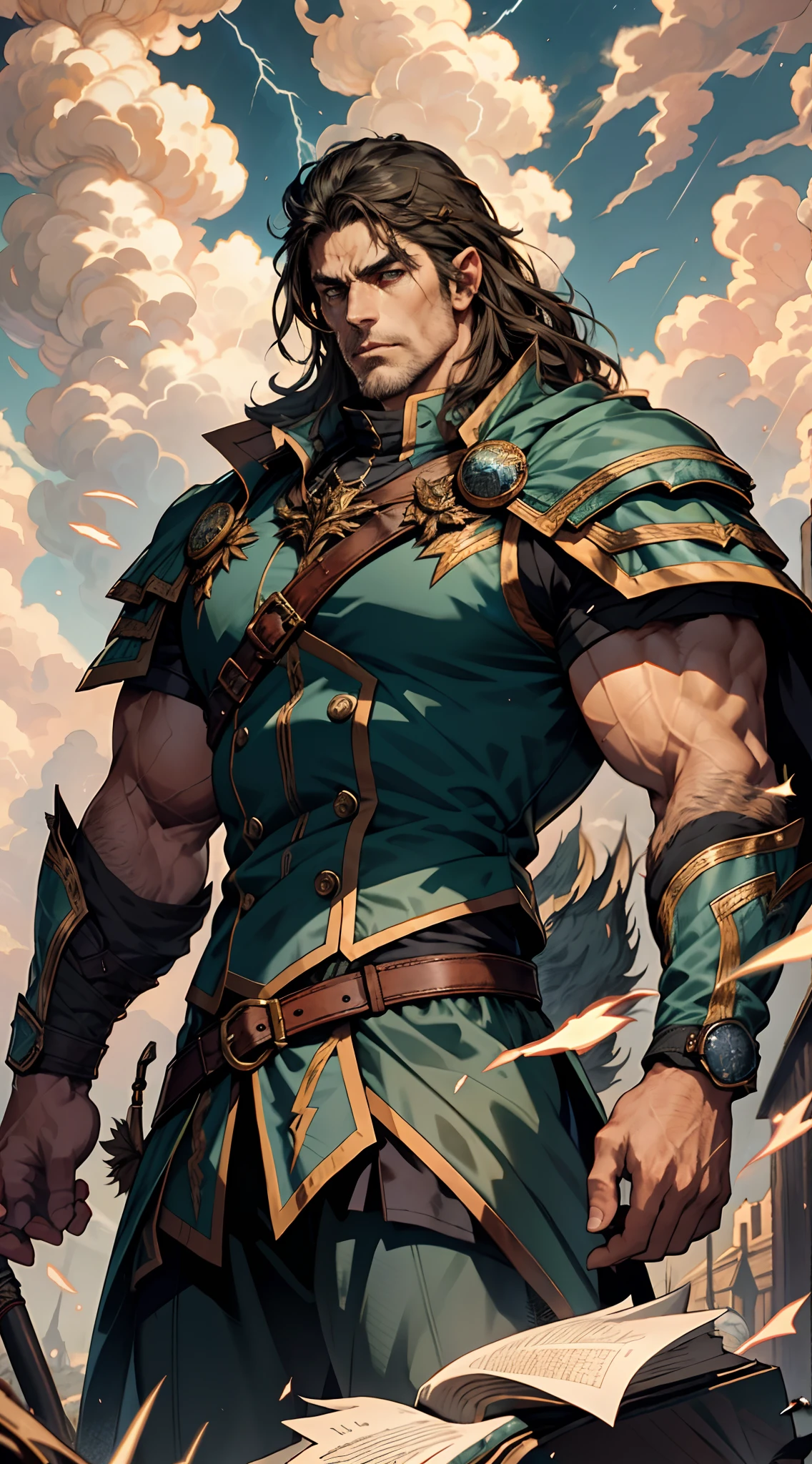 A middle-aged man, dark green long hair, wildly disheveled and exaggerated hairstyle, a headband, no eyebrows, a stern gaze, a well-defined facial structure, a tall and muscular physique, a fantasy-realistic style outfit, only a half-length windbreaker coat, sleeveless, revealing sturdy abdominal muscles, wearing wrist guards, matching trousers with the outfit, standing like a deity, dark clouds gathering in the sky, flashes of lightning and thunder, wild winds swirling around, this character embodies a finely crafted fantasy-style wild overlord in anime style, characterized by an exquisite and mature manga illustration art style, high definition, best quality, highres, ultra-detailed, ultra-fine painting, extremely delicate, professional, anatomically correct, symmetrical face, extremely detailed eyes and face, high quality eyes, creativity, RAW photo, UHD, 8k, Natural light, cinematic lighting, masterpiece-anatomy-perfect, masterpiece:1.5