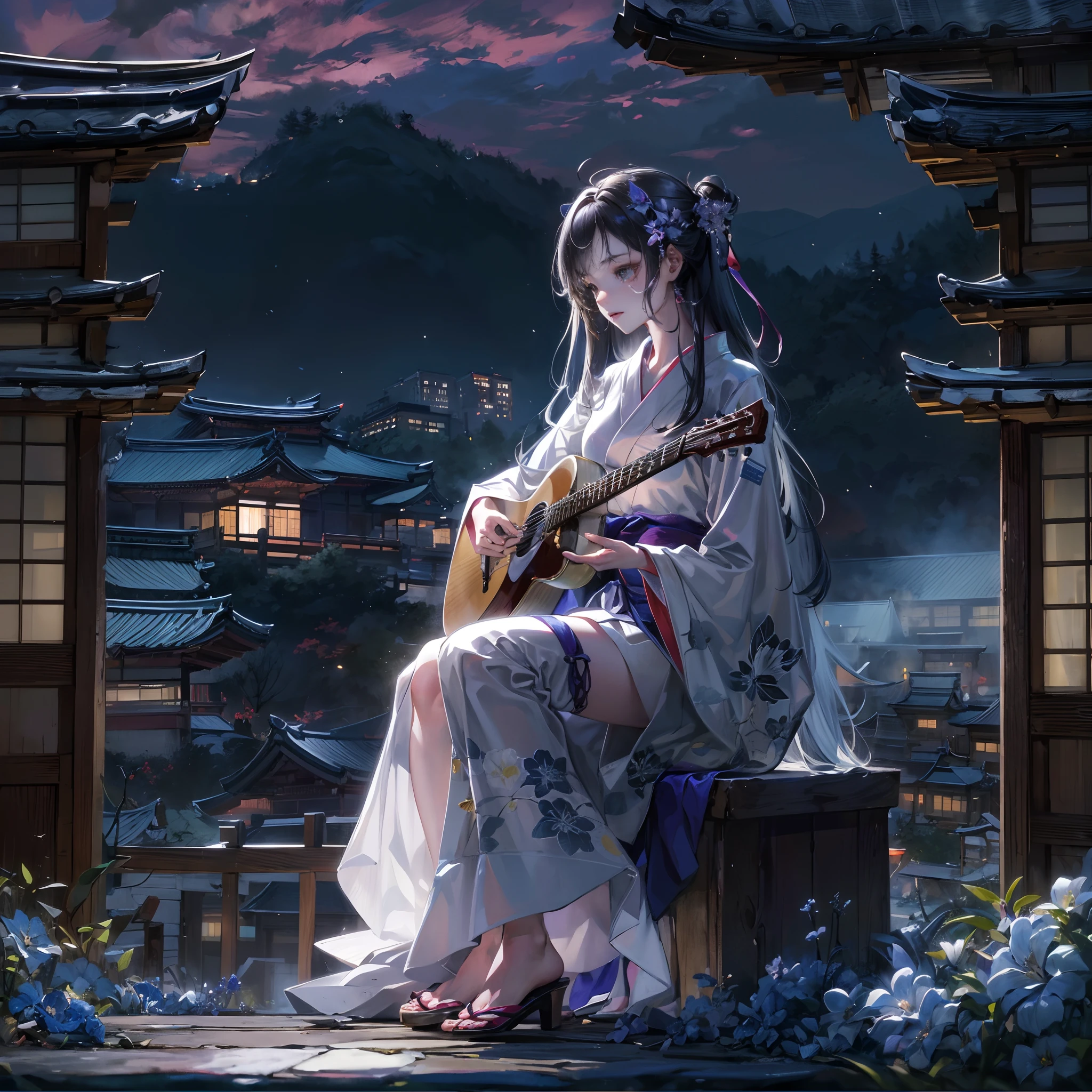 Cinematic lighting,super detailed skin、Beautiful detailed eyes、Best Quality,Perfect Anatomy,(Alternative、dim colors, Soothing tones:1.3),(Detailed beautiful facial features:1.3)Girl in a fancy purple kimono、 （Girl Playing Guitar、Highly detailed hands:1.6）Inside the temple where you can see the waterfall of Kiyomizu-dera Temple、Highly detailed feet（deep in the night、moon shining、beautiful night:1.5）white fox、fullllbody