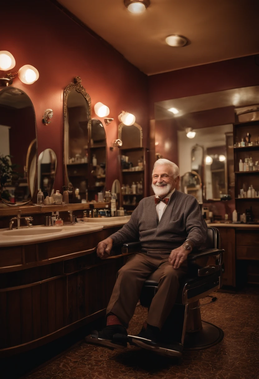 Smiling elderly hairdresser in his vintage salon, skilled and experienced hands, Looking forward to your loyal and new customers.