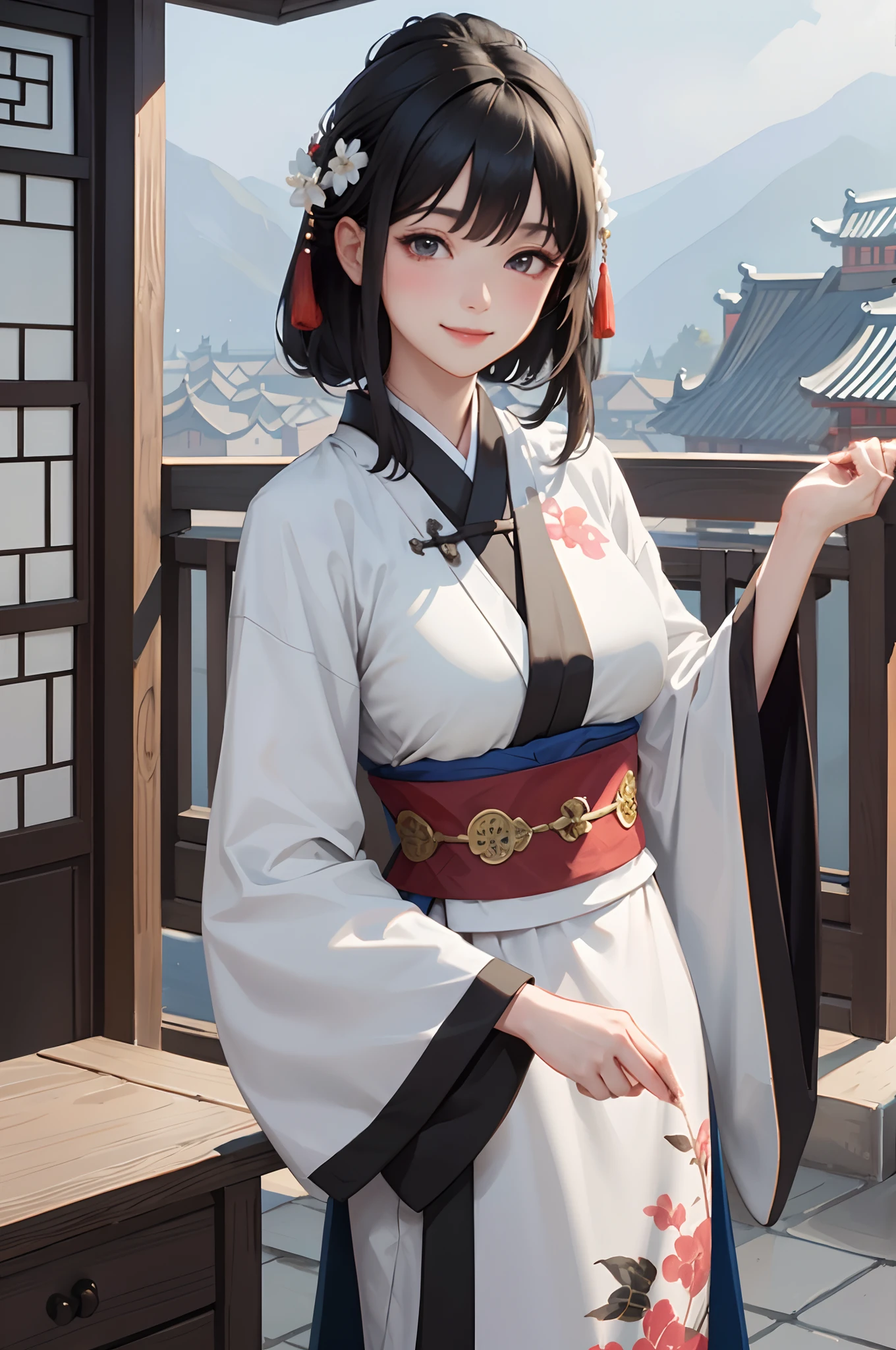 1lady solo, hanfu, mature female, /(black hair/) bangs, blush kind smile, (masterpiece best quality:1.2) delicate illustration ultra-detailed, large breasts BREAK /(traditional townscape in China/), detailed background