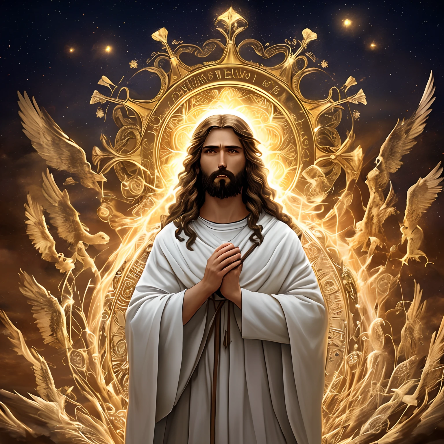 Crea una imagen que represente la escena descrita en Juan., Chapter One, Verso uno, donde Jesús es la Palabra, y la Palabra es Dios, manifestando su omnipresencia, al igual que el padre. La imagen debe transmitir la idea de que en el principio era la Palabra., y la Palabra estaba con Dios, la Palabra era Dios. Utilice colores y elementos que simbolicen la divinidad de Jesús y la unidad con Dios., destacando la importancia de este concepto en la teología cristiana."