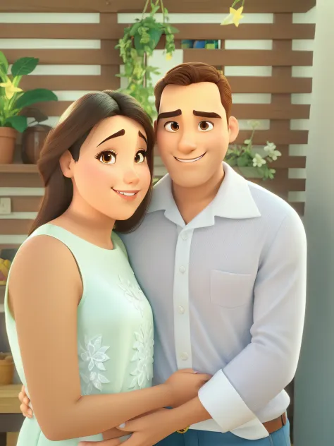 Casal (homem branco e mulher morena) no estilo Disney Pixar, alta qualidade, melhor qualidade.