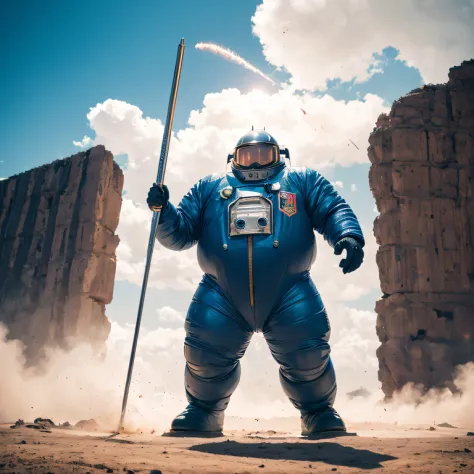 A full-body spacesuit immortal of the future（Abstract propylene splash：1.2）， Blue sky and white cloud background，Linen windbreak...