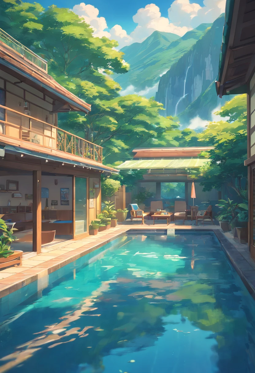 Anime scenery of a house with a pool and a waterfall - SeaArt AI