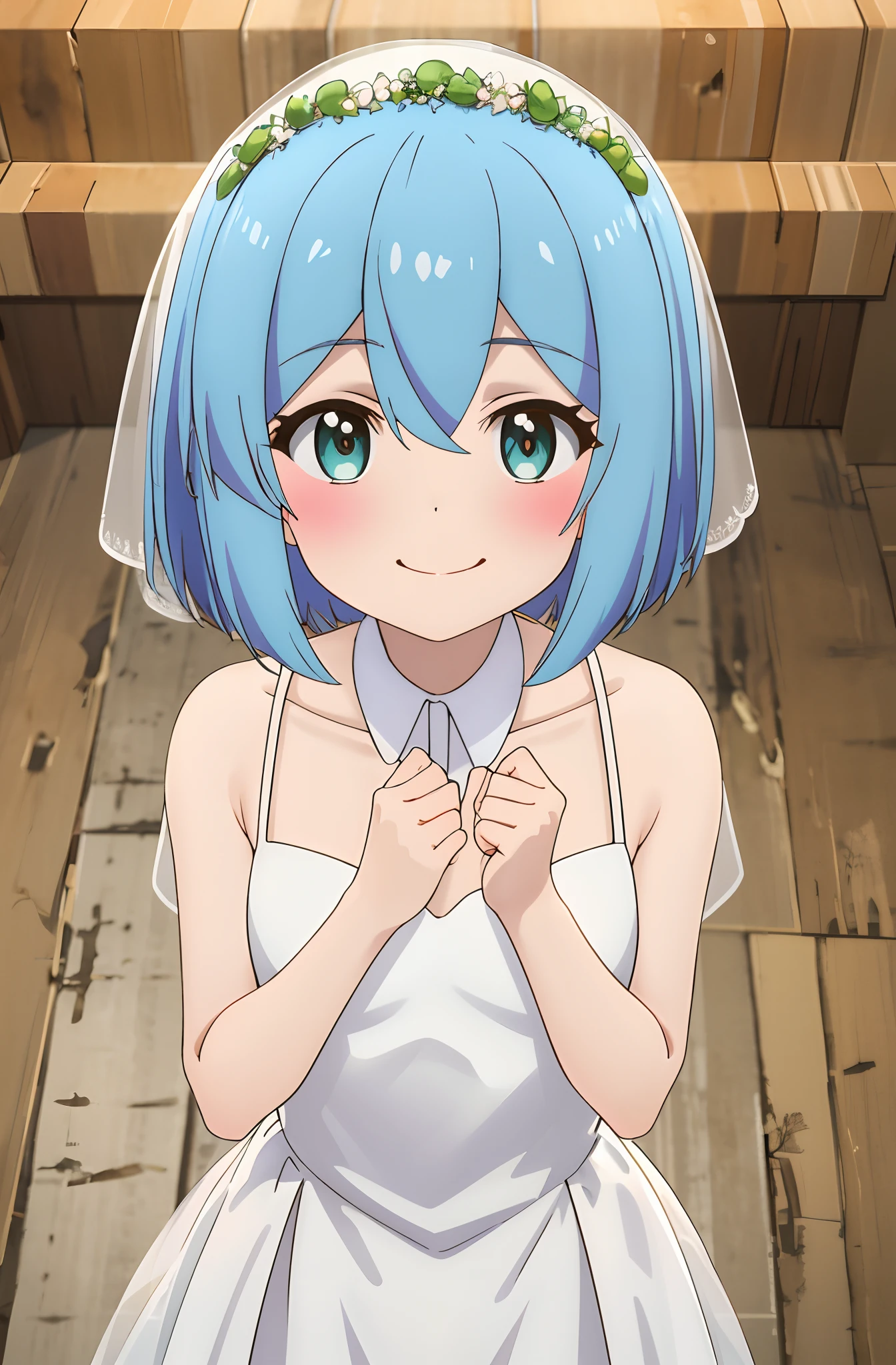 falfa, One girl with short hair, blue hair, looking at viewer, embarrassed, blushing, smile, indoor, wedding dress, bridal veil