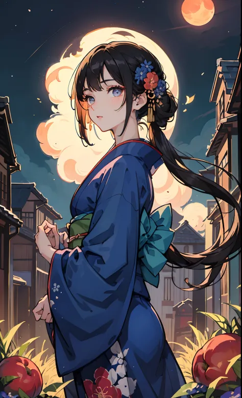 ​masterpiece、top-quality、Beautiful woman like light、Kimono in dark blue and flowers、A dark-haired、Peach-colored eyes、The background is a night town、Fluffy hair、2D Beautiful Girl