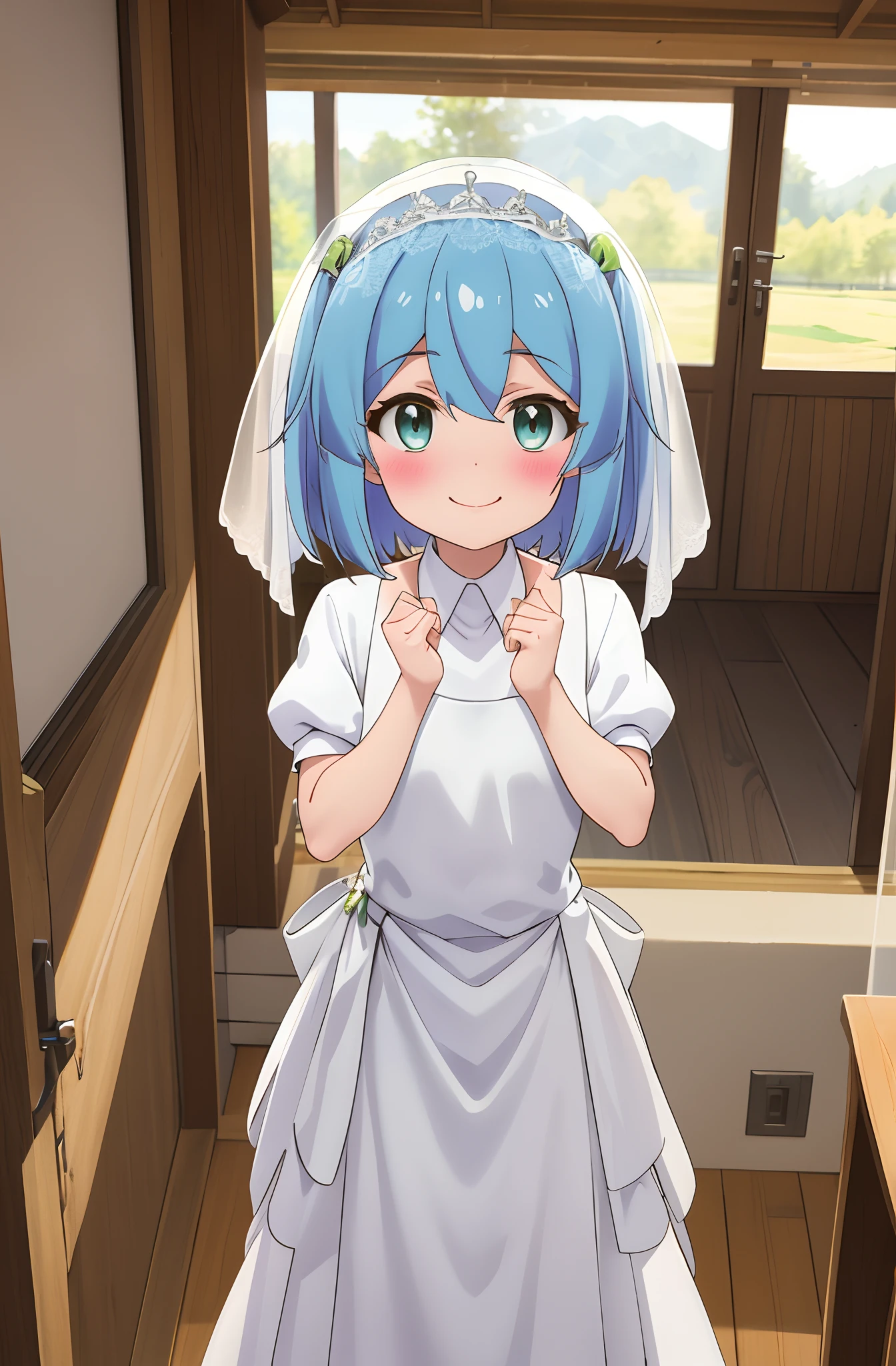 falfa, One girl with short hair, blue hair, looking at viewer, embarrassed, blushing, smile, indoor, wedding dress, bridal veil