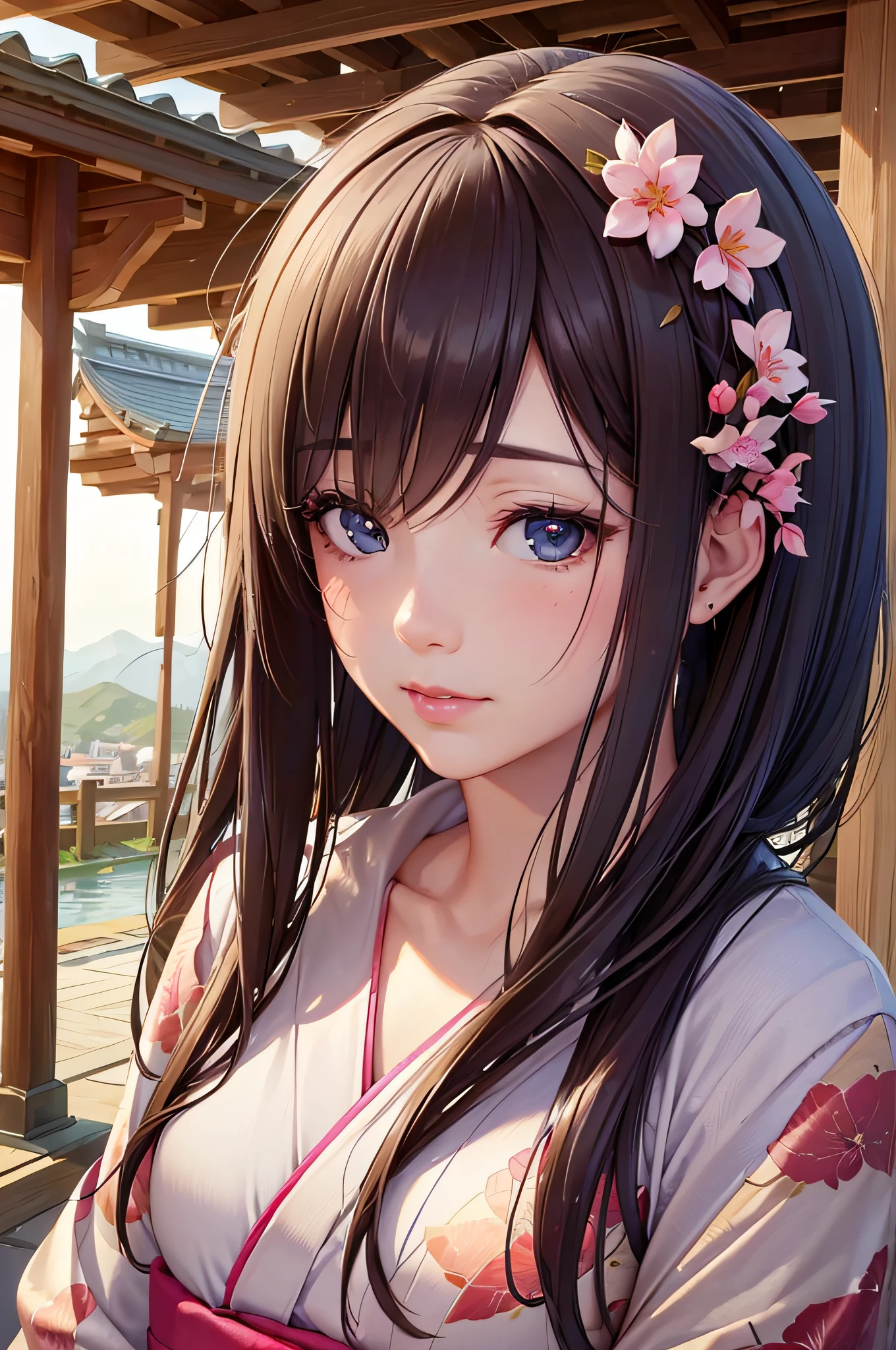 (best quality,highres,realistic:1.2),portraits,landscape,anime,colorful,soft lighting,beautiful detailed eyes,longeyelashes,kimono,old-fashioned,traditional garden,peaceful scenery,historical figures,sakura blossoms,distant mountains,peaceful atmosphere,artistic brushstrokes.