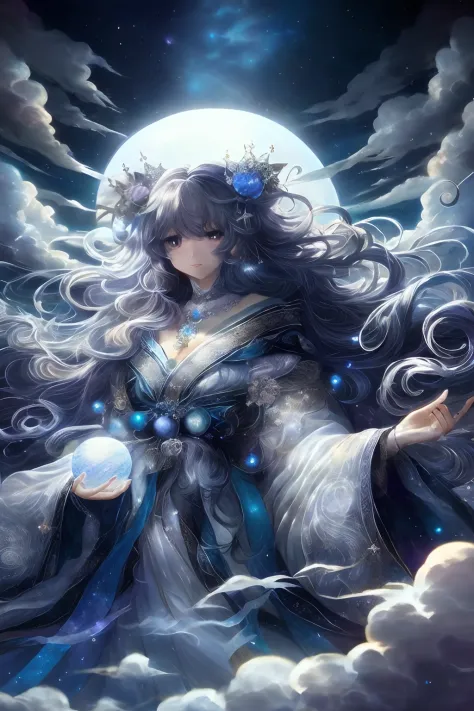 Anime girl with long hair and crown holding a crystal ball, Beautiful celestial mage, Anime fantasy illustration, Anime fantasy artwork, lunar goddess, detailed fantasy art, Detailed digital anime art, 2. 5 D CGI anime fantasy artwork, Fantasy art style, G...