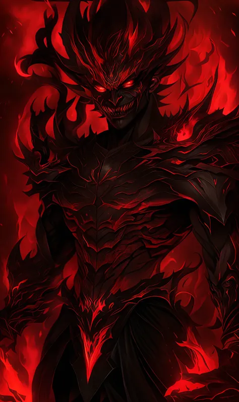 a close up of a demonic looking man with red eyes, demon male, fire ...