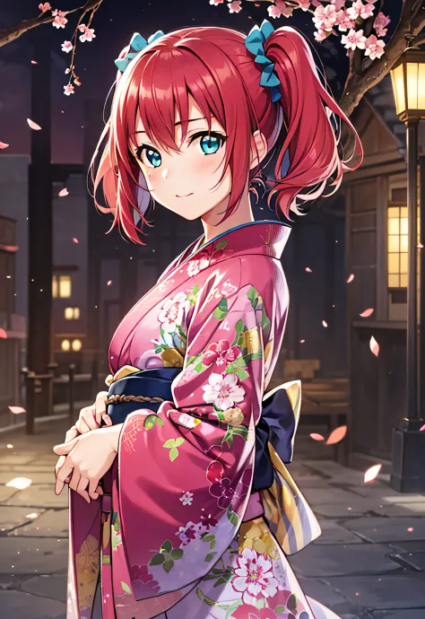 masterpiece, best quality, 1girl, solo, long kimono,  on the festival,, kurosawa ruby, twintails, short hair, red hair, rturquoi...