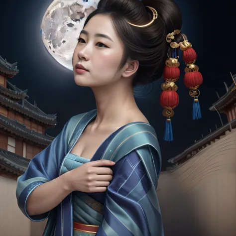 woman in a blue kimono, with a moon in the background, portrait of mulan, a beautiful artwork illustration, ancient chinese prin...