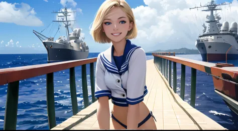 {{Masterpiece, Best Quality, extremely detailed CGI, Unity 8k壁纸, Cinematic lighting, }}, Sony α7, Wide Frame, South Pacific, during the war with the Asian powers, the wind, blowing on the ship Aegis, 1 girl, full - body, Smile, she is a U.S. Navy sailor, c...