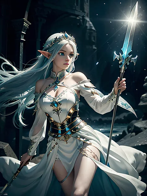 elf, Blue-eyed girl, Very long hair below the waist, pixie, A  girl, a goddess, Goddess of Magic, White long hair, Cyan eyes, Yo...