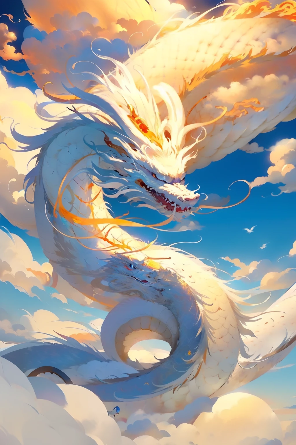白龍，雲の上，背景に火と太陽、黄金のドラゴン、シルバードラゴン 