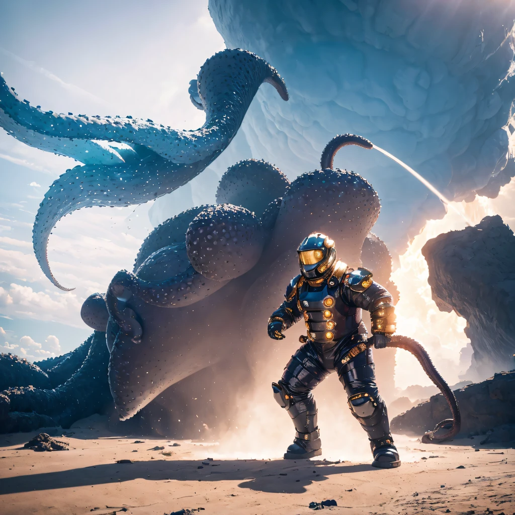 Immortal future full-body octopus spacesuit（Abstract propylene splash：1.2）， Blue sky and white cloud background，Purple trench coat（realisticlying：1.4），A high resolution， the detail， RAW photogr， Sharp Re， Nikon D850 Film Stock Photo by Jefferies Lee 4 Kodak Portra 400 Camera F1.6 shots, Rich colors, ultra-realistic vivid textures, Dramatic lighting, Unreal Engine Art Station Trend, cinestir 800，Ivory copper,（（（Fat octopus）））（Future octopus full-body crystal spacesuit）Movie master real-time image quality