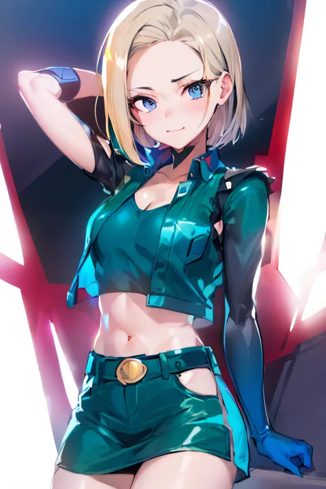 Anime girl with blonde hair and blue eyes in a short dress, Android 18, Female protagonist 👀 :8, Digital Cyberpunk Anime Art, an...