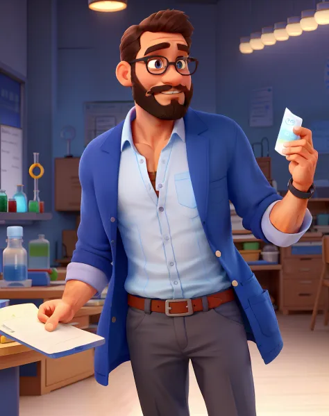 Pode melhorar barba mais rala , Make the full body appearing asics blue sneakers . Short-sleeved shirt without buttons , Science teacher teaching in the lab experiment on acids and bases with cabbage rezo and the room is with students. in one hand Becker i...