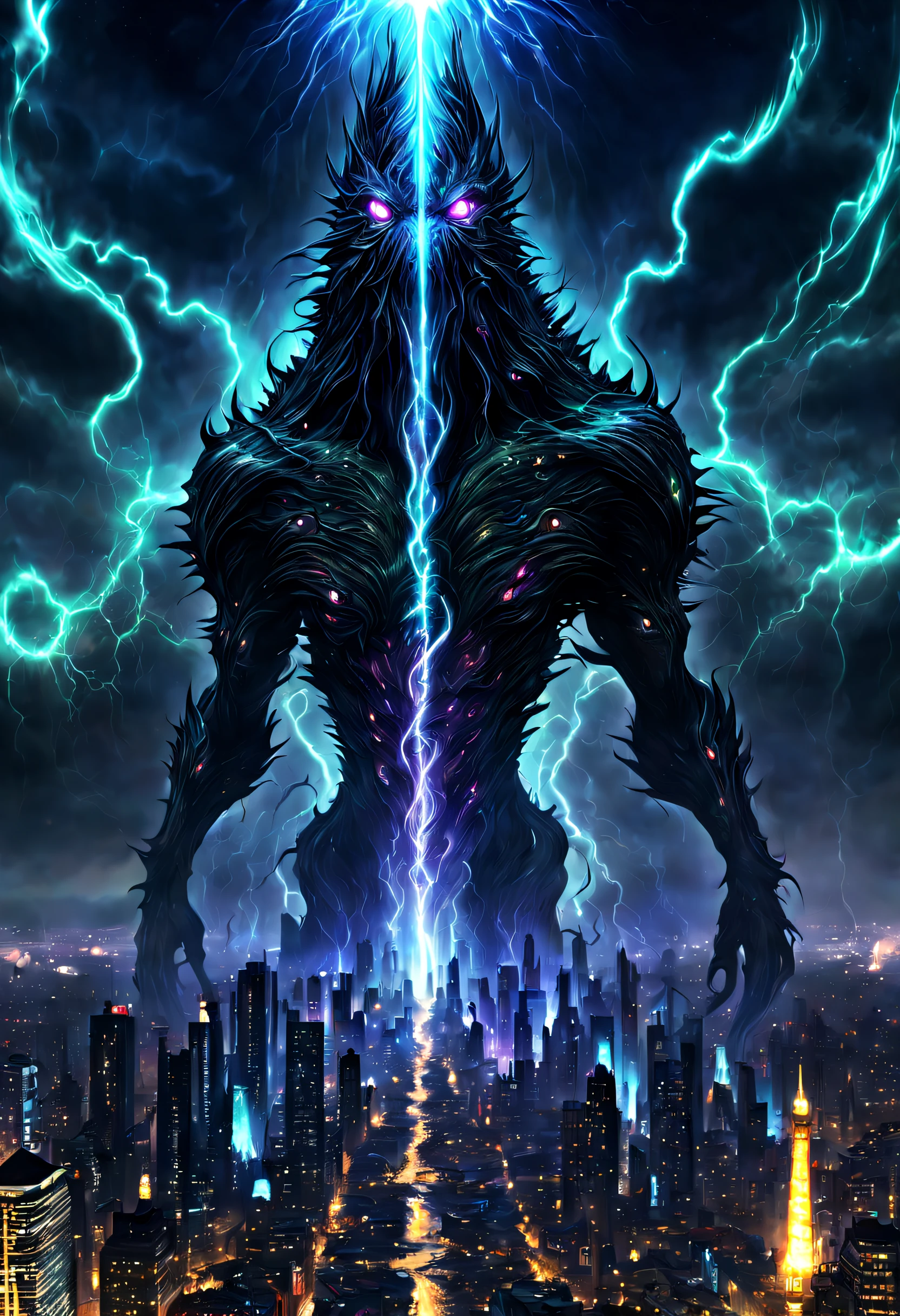 (A high resolution,Best quality), Giant sci-fi creatures,Giant sci-fi beasts,Giant sci-fi monsters, Towering sci-fi entity, Towering alien creatures, Huge aliens,Extraterrestrial creatures on a large scale,Majestic Titanium Sci-Fi,Huge futuristic creatures,Giant sci-fi behemoth, Destroyed metropolis,Devastated city,Ruined cityscape,Dystopian cityscape,Apocalyptic city skyline,The ruins of the wrecked city,The demolished urban environment,Crumbling city streets,Desolate city center, Scattered skyscrapers,Crushed buildings,Infrastructure damage,Roads and bridges were damaged,Crashed vehicle,Falling debris,Burning wreckage,Smoggy air,deserted city, Glowing eyes,sparkle eyes,Fierce eyes,menacing eyes,glowing light eyes,piercing eyes,Powerful eyes,Ominous eyes,Illuminate your eyes, Sharp teeth,Sharp fangs,Fierce jaws,Powerful jaws,Very wide open mouth,Long tongue,Whip the tongue,Slimy saliva,Toxic saliva, Huge feet,Huge stomping,Destructive feet,Huge claws,sharp talons,Crushing force, Scaly covered skin,glistning skin,Thick armored hides,Alien textures,Iridescent surface,Bioluminescent pattern, Dark and dangerous atmosphere,Sinister and contemplative emotions,Ominous and ominous environment,Apocalyptic atmosphere,Mysterious and eerie environment, Cinematic lighting,Dramatic lighting,eerie lights,Surreal lighting,Otherworldly lighting, Ominous Shadows,Descending shadows,Creeping shadows, Explosions and sabotage,Holocaust and destruction,Chaos and panic, Epic battles,Heroic resistance,Fight hard to survive, cityscape in ruins,Living in ruins,A huge monster towers over the city, In contrast，In contrast，In contrast，In contrast，In contrast，The city pales in comparison,Cities are playgrounds for creatures, An epic confrontation between monsters and humans, Limited color palette,Dark and moody color scheme, Vibrant neon lights,Pulsating electrons.