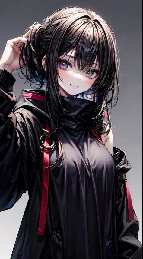 goth girl, (goth makeup:0.7), smile, oversized hoodie, upper body,