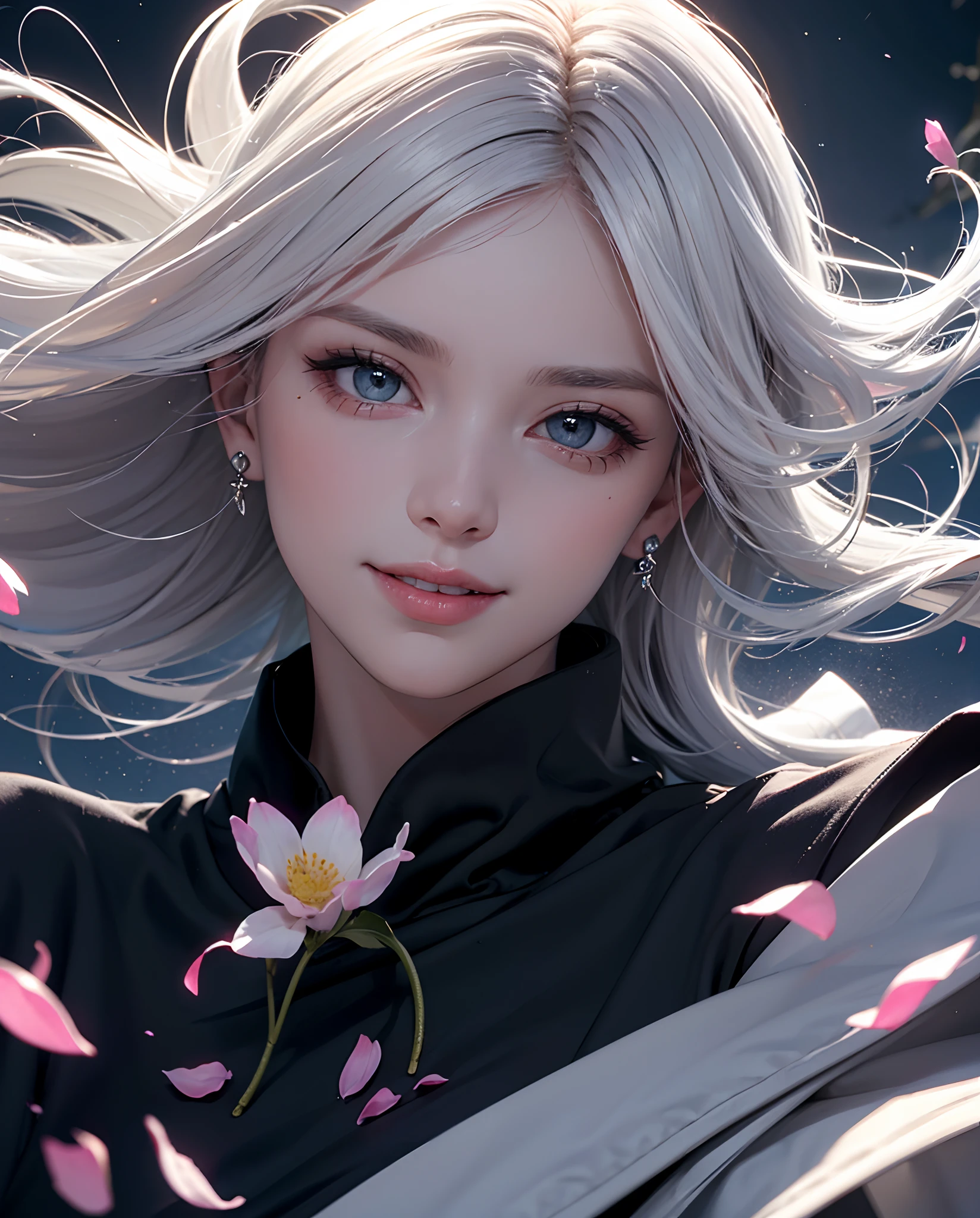 (close view 1:2) potrait,masterpiece, best quality, 1girl, (colorful),(delicate eyes and face), volumatic light, ray tracing, bust shot ,extremely detailed CG unity 8k wallpaper,solo,smile,intricate skirt,((flying petal)),(Flowery meadow) sky, cloudy_sky, moonlight, moon, night, (dark theme:1.3), light, fantasy, windy, magic sparks, dark castle,white hair