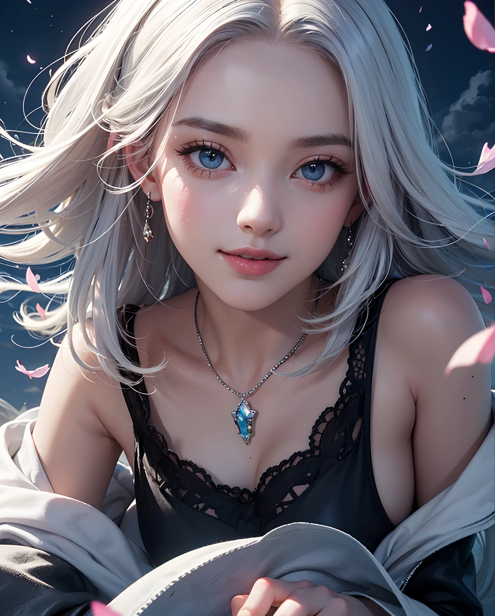 (close view 1:2) potrait,masterpiece, best quality, 1girl, (colorful),(delicate eyes and face), volumatic light, ray tracing, bust shot ,extremely detailed CG unity 8k wallpaper,solo,smile,intricate skirt,((flying petal)),(Flowery meadow) sky, cloudy_sky, moonlight, moon, night, (dark theme:1.3), light, fantasy, windy, magic sparks, dark castle,white hair