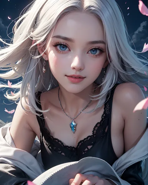 (close view 1:2) potrait,masterpiece, best quality, 1girl, (colorful),(delicate eyes and face), volumatic light, ray tracing, bust shot ,extremely detailed CG unity 8k wallpaper,solo,smile,intricate skirt,((flying petal)),(Flowery meadow) sky, cloudy_sky, ...
