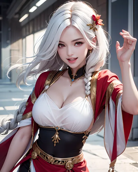 , best quality , 1girl, sirius al,short hair,red eyes,white hair ,smile , perky , open mouth , fang tooth  , multicolored hairs ...