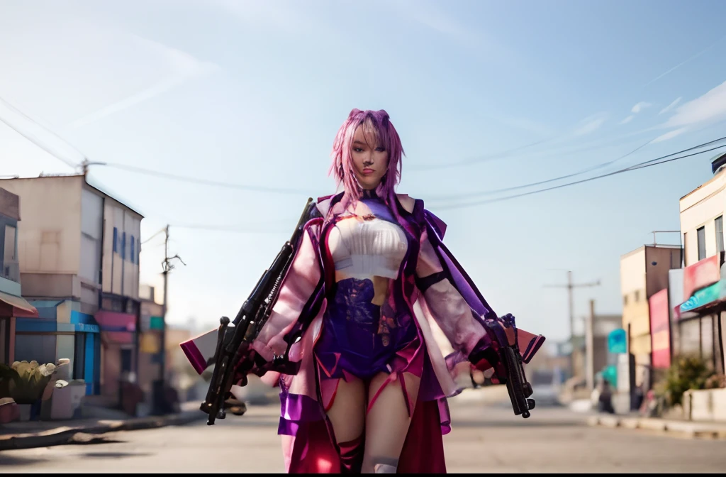 Araffe vestido con un disfraz y sosteniendo una pistola., Foto renderizada de 8k octaas, chica anime ciberpunk, personaje principal femenino, una mujer, ella sostiene un arma con ambas manos y está parada en un moderno, ciudad futurista:2, detalle realista:1.5, ciudad realista, pelo largo morado