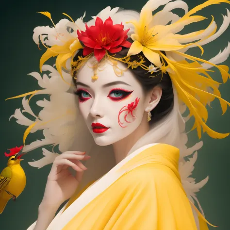 venetian  queen of yellow warbler bird , luminophore woman wearing yellow feather mask , woman in kimono , white ceramic venetia...