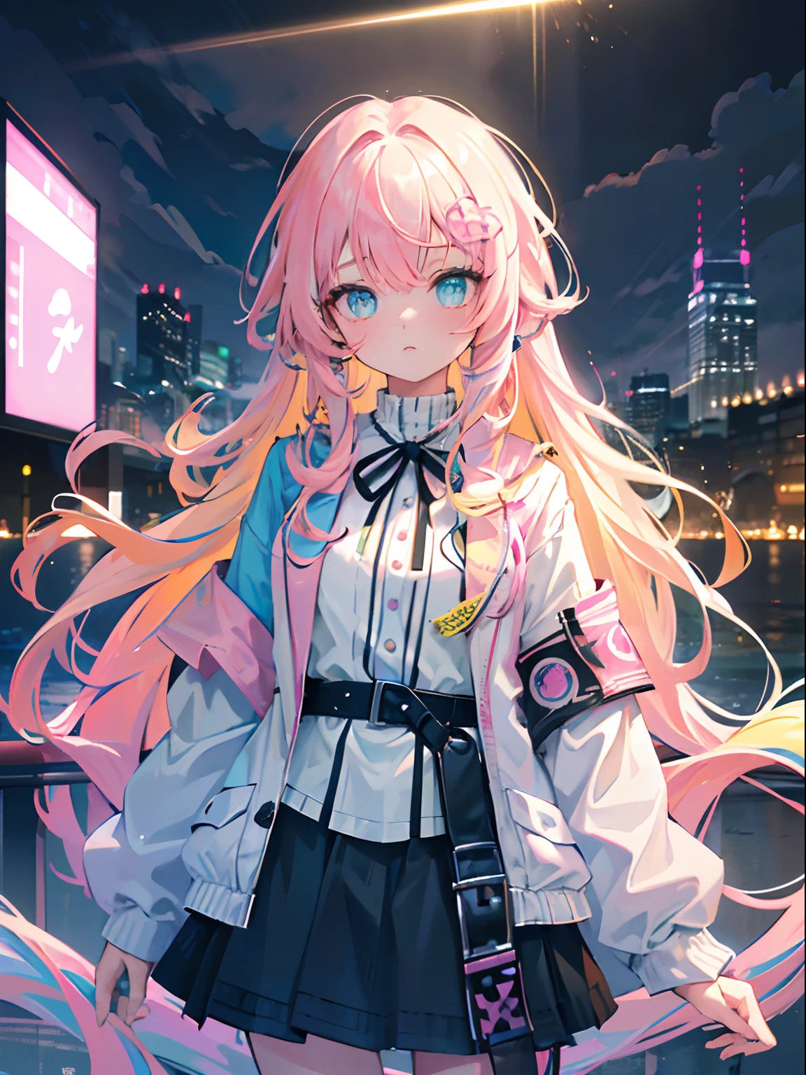 (masterpiece,best quality,ultra-detailed),1girl,medium long hair,curly hair,messy hairstyle,pink and blue and green and yellow hair,vibrant color hair,white rock punk outfit,white jacket,beautiful and detailed face, detailed eyes,in a city,cloudy, night,(grey theme),looking at viewer