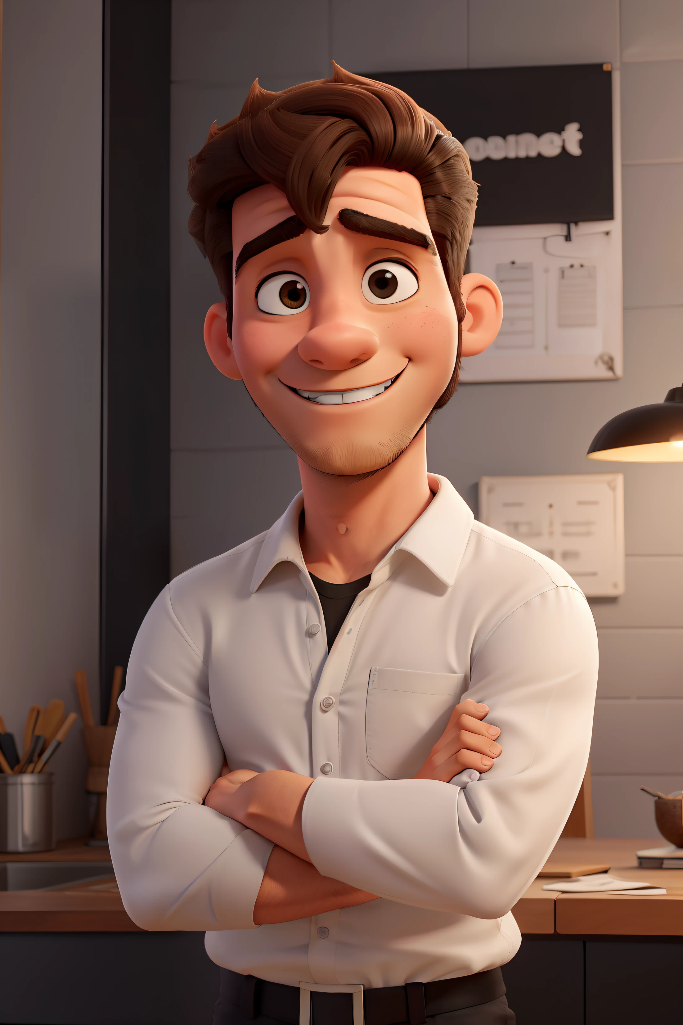 Jovem de 30 anos, branco, forte,cabelo amarelo, rosto redondo, Cartoons in WHITE shirt and black pants, arms crossed, olhando para frente e sorrindo com os dentes aparecendo,cabelo loiro,sem marca de barba;