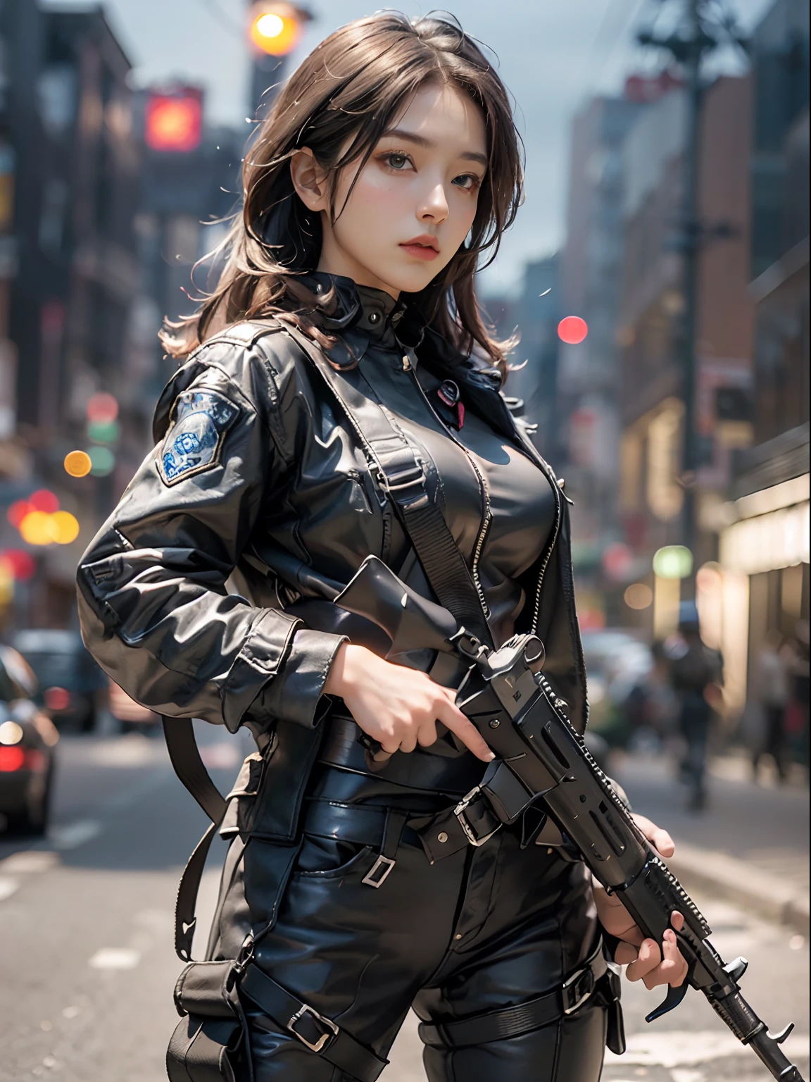 ((Highest image quality, excellent details, Raw photo、超A high resolution)), (Realism: 1.4), favor details, Shining Pretty Girl, with a delicate and beautiful face, ((Cowboy Shot)), (cool expression、uptight、adrenaline、Super cool woman), (Black leather jacket、Blue Police Uniform、Special Forces、police uniform with, Black and gray mechs, Wearing a military harness, Has a machine gun with detailed details), (A large number of equipment、magazine、Night Vision Goggles、holster、)、((Secret base of underground terrorists、Combat stance、gun fight))