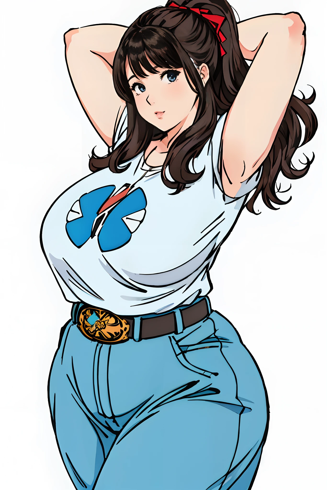 A cartoon of a woman in a white shirt and blue pants - SeaArt AI