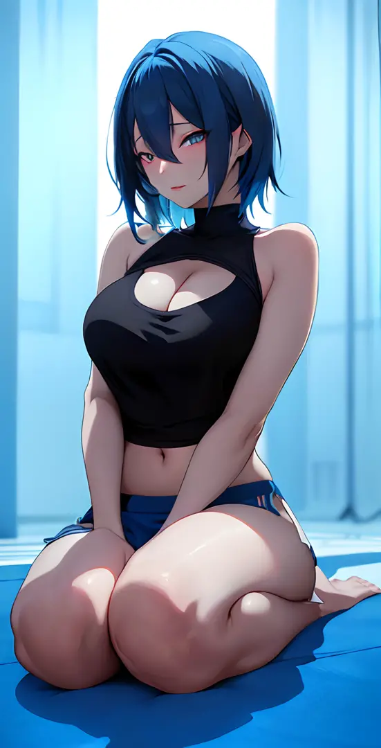 anime girl with blue hair and black top sitting on the floor, seductive anime girl, 2 d anime style, ecchi anime style, anime girl, beautiful blue haired girl