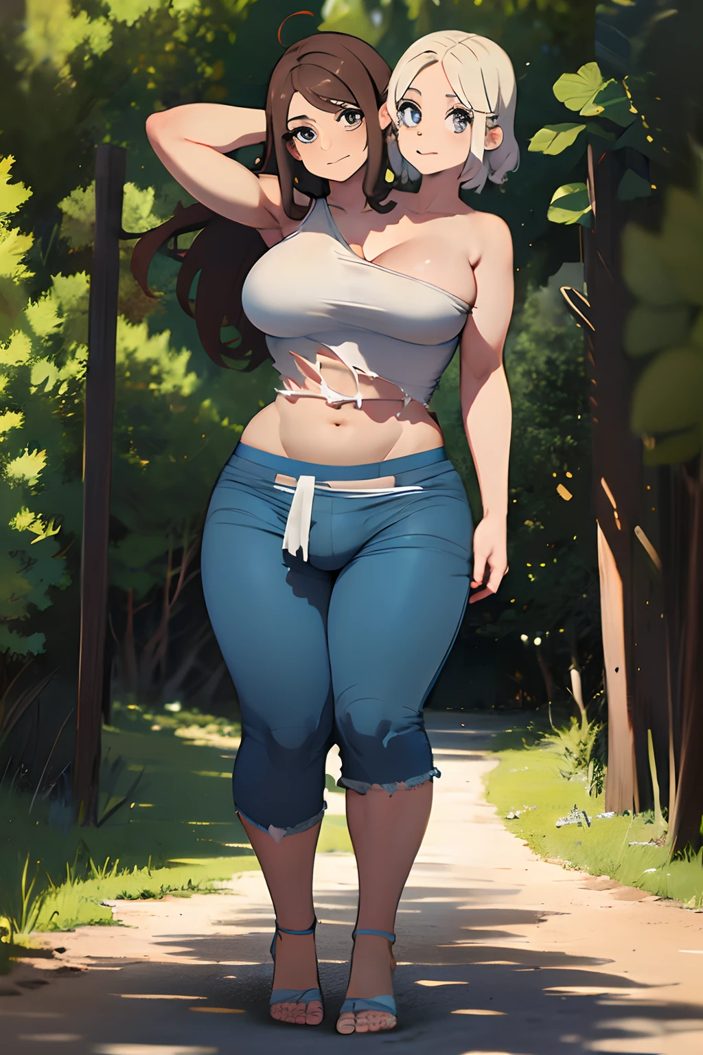 Anime girl with big breasts walking down a path in the woods - SeaArt AI