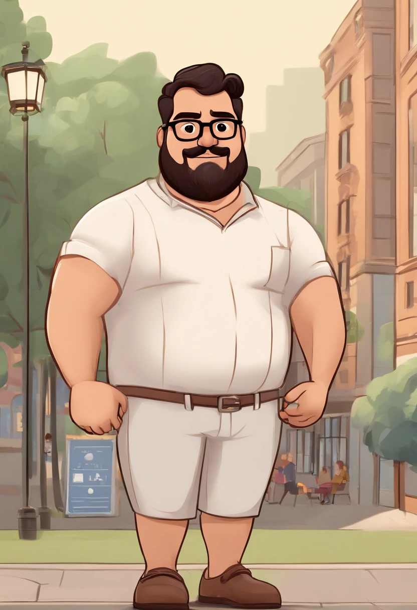 A cartoon man with a beard and glasses standing on a sidewalk - SeaArt AI