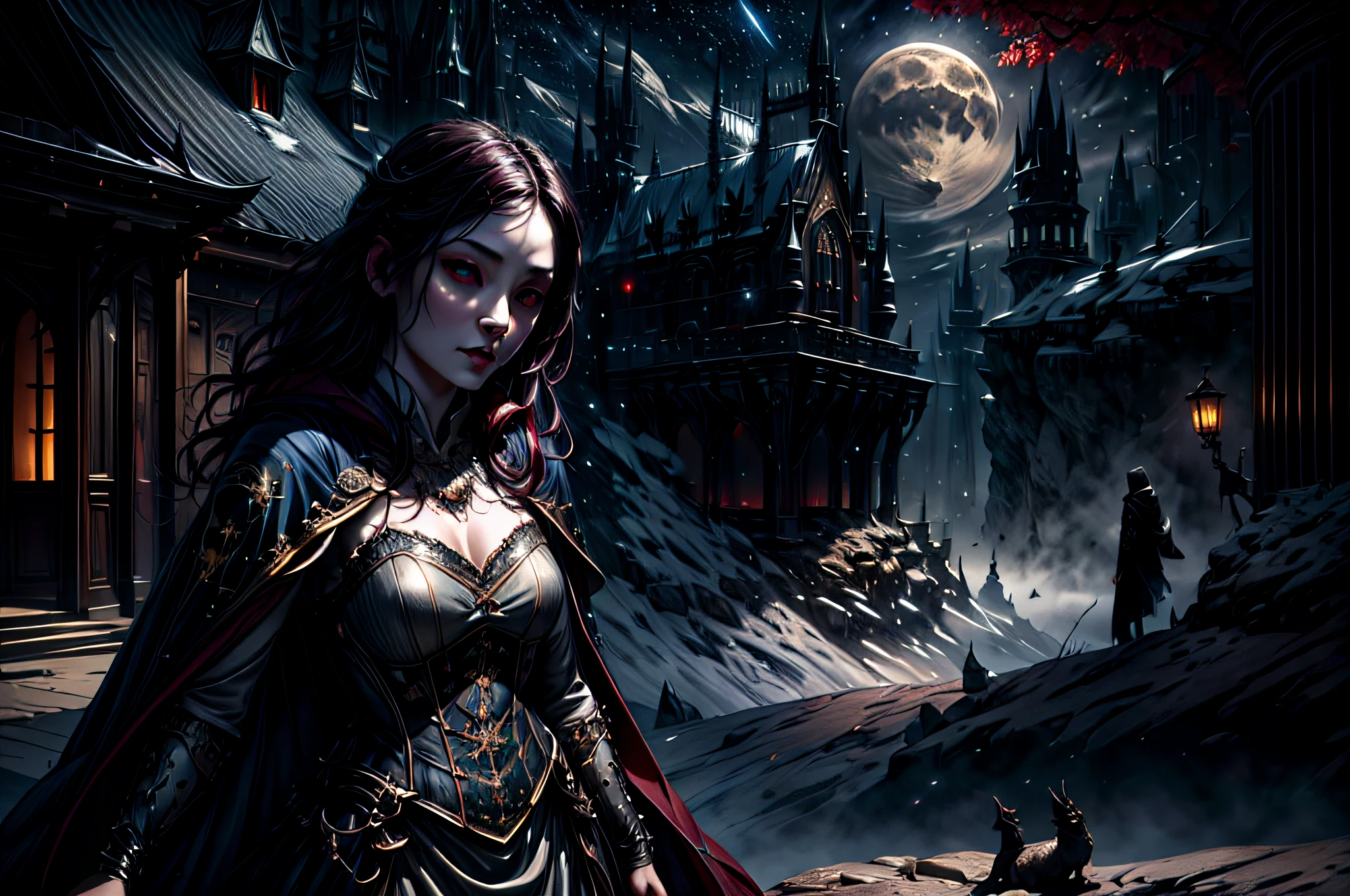 a picture of an exquisite beautiful female vampire standing under the starry night sky on the porch of her castle, dynamic angle (ultra detailed, Masterpiece, best quality), ultra detailed face (ultra detailed, Masterpiece, best quality), ultra feminine, grey skin, cherry red hair, wavy hair, dynamic eyes color, cold eyes, glowing eyes, intense eyes, dark red lips, [fangs], wearing white dress (ultra detailed, Masterpiece, best quality), blue cloak (ultra detailed, Masterpiece, best quality), long cloak, flowing cloak (ultra detailed, Masterpiece, best quality), high heeled boots, sky full of stars background, moon, bats flying about, high details, best quality, 8k, [ultra detailed], masterpiece, best quality, (ultra detailed), full body, ultra wide shot, photorealism, dark fantasy art, dark fantasy art, gothic art, many stars, dark fantasy art, gothic art, sense of dread,