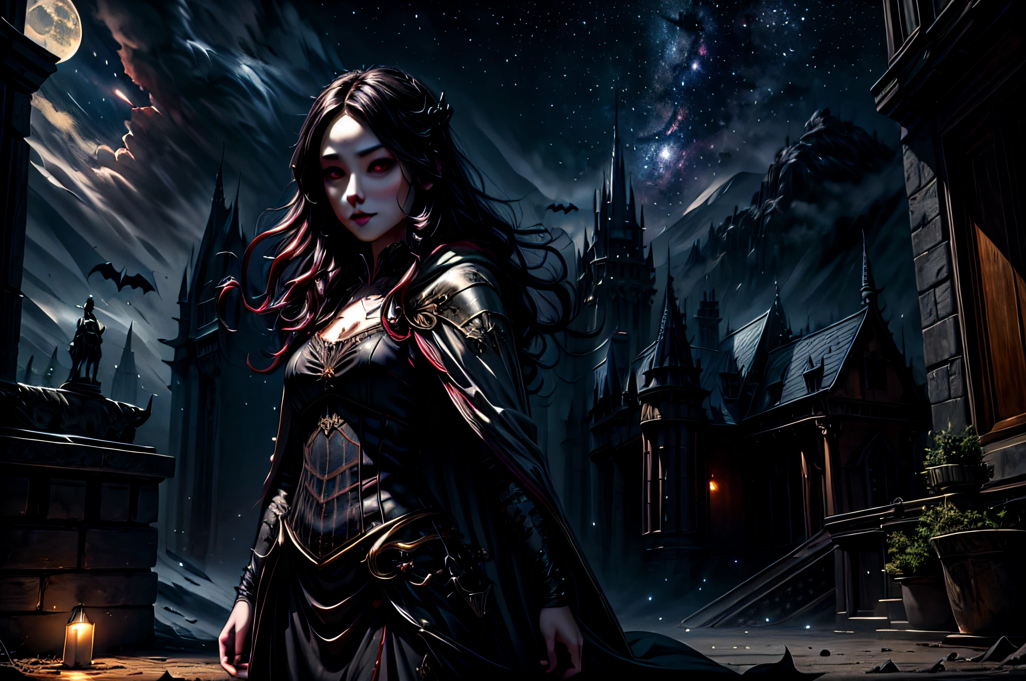 a picture of an exquisite beautiful female vampire standing under the starry night sky on the porch of her castle, dynamic angle (ultra detailed, Masterpiece, best quality), ultra detailed face (ultra detailed, Masterpiece, best quality), ultra feminine, grey skin, cherry red hair, wavy hair, dynamic eyes color, cold eyes, glowing eyes, intense eyes, dark red lips, [fangs], wearing white dress (ultra detailed, Masterpiece, best quality), blue cloak (ultra detailed, Masterpiece, best quality), long cloak, flowing cloak (ultra detailed, Masterpiece, best quality), high heeled boots, sky full of stars background, moon, bats flying about, high details, best quality, 8k, [ultra detailed], masterpiece, best quality, (ultra detailed), full body, ultra wide shot, photorealism, dark fantasy art, dark fantasy art, gothic art, many stars, dark fantasy art, gothic art, sense of dread,
