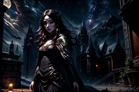a picture of an exquisite beautiful female vampire standing under the starry night sky on the porch of her castle, dynamic angle...